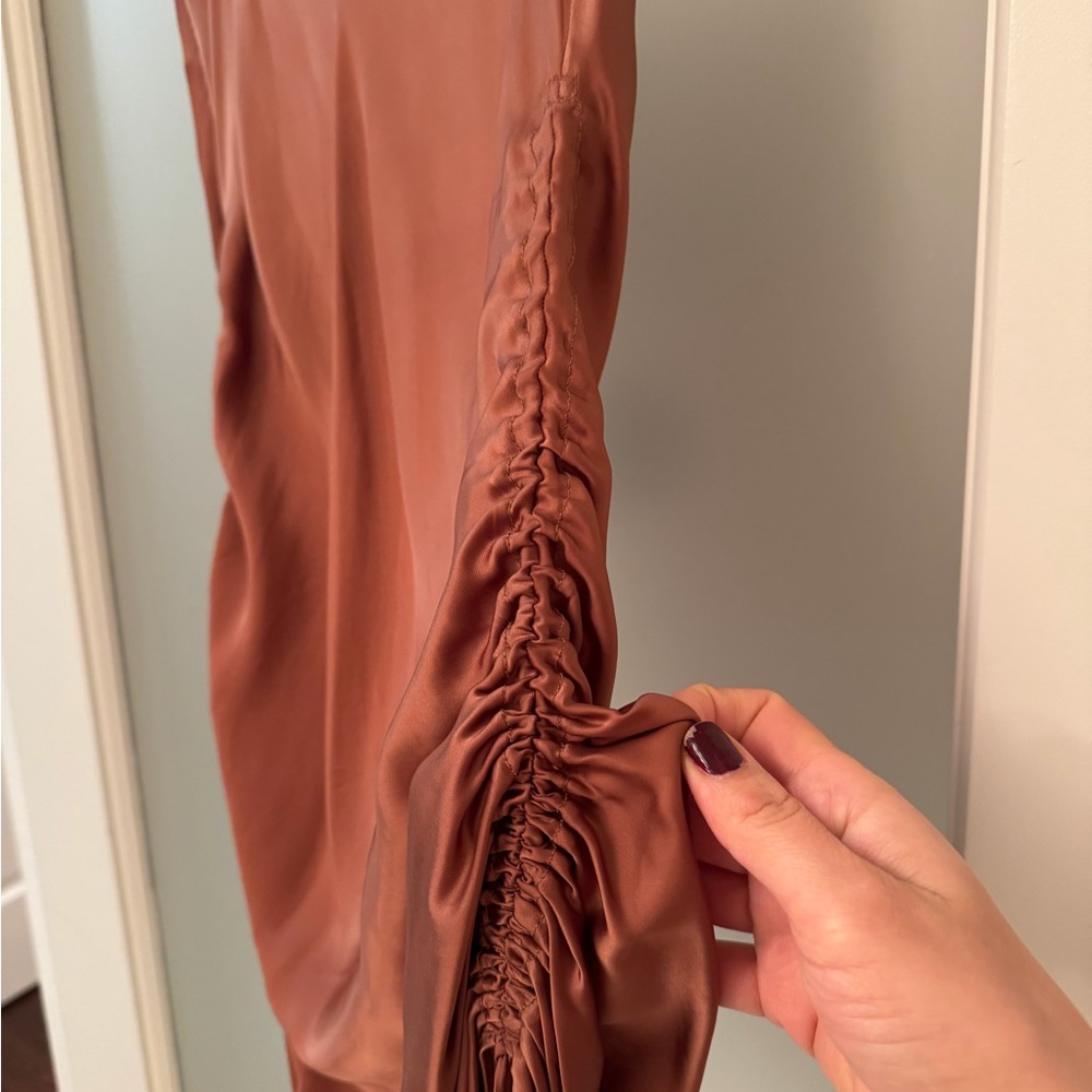 Aritzia Wilfred Satin Only Ruched Slip Mini Dress in Rich Brown - Picture 6 of 9